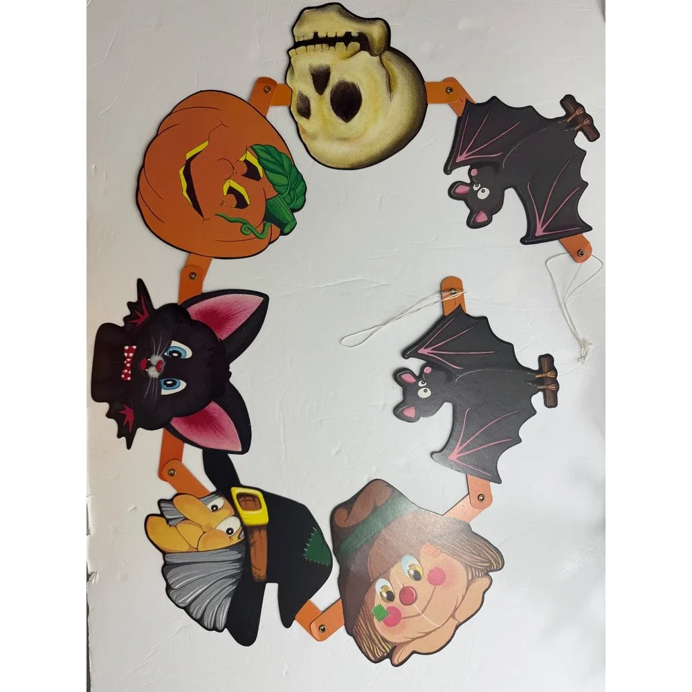 Vintage Halloween Jointed Cardboard Banner 5ft Cat Witch Skull Pumpkin Taiwan